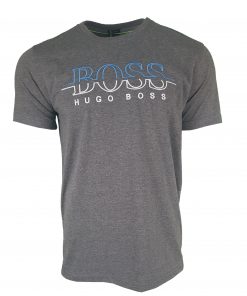 Hugo Boss Short Sleeve Crew T Shirt. Embroidered Lined Logo in Dark Grey