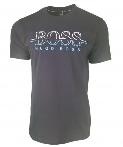 Hugo Boss Short Sleeve Crew T Shirt. Embroidered Lined Logo in Navy Blue