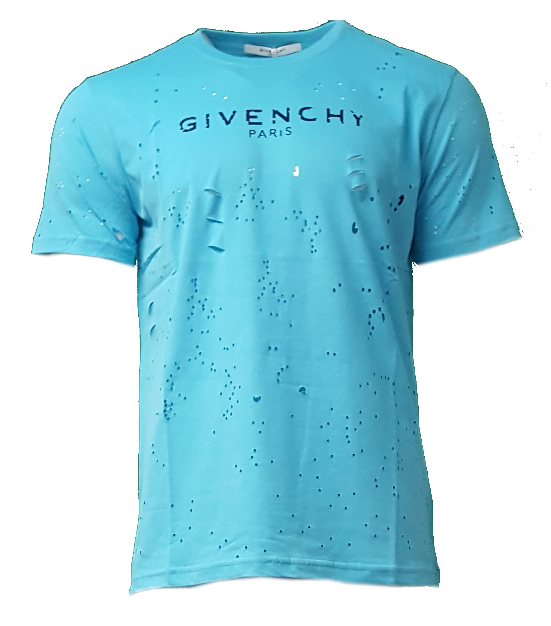 Givenchy Paris Short Sleeve Crew T Shirt. Destroyed Print in Sky Blue ...
